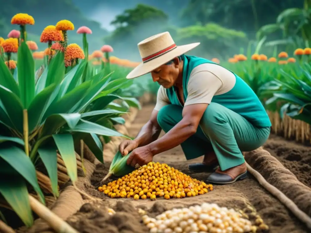 Un maya planta maíz en milpa, siguiendo innovadoras técnicas cultivo agricultura maya