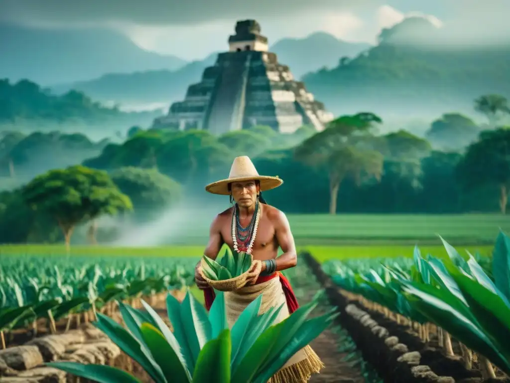 Un maya planta semillas en un campo de maíz con ruinas antiguas de fondo, mostrando el calendario agrícola maya educativo