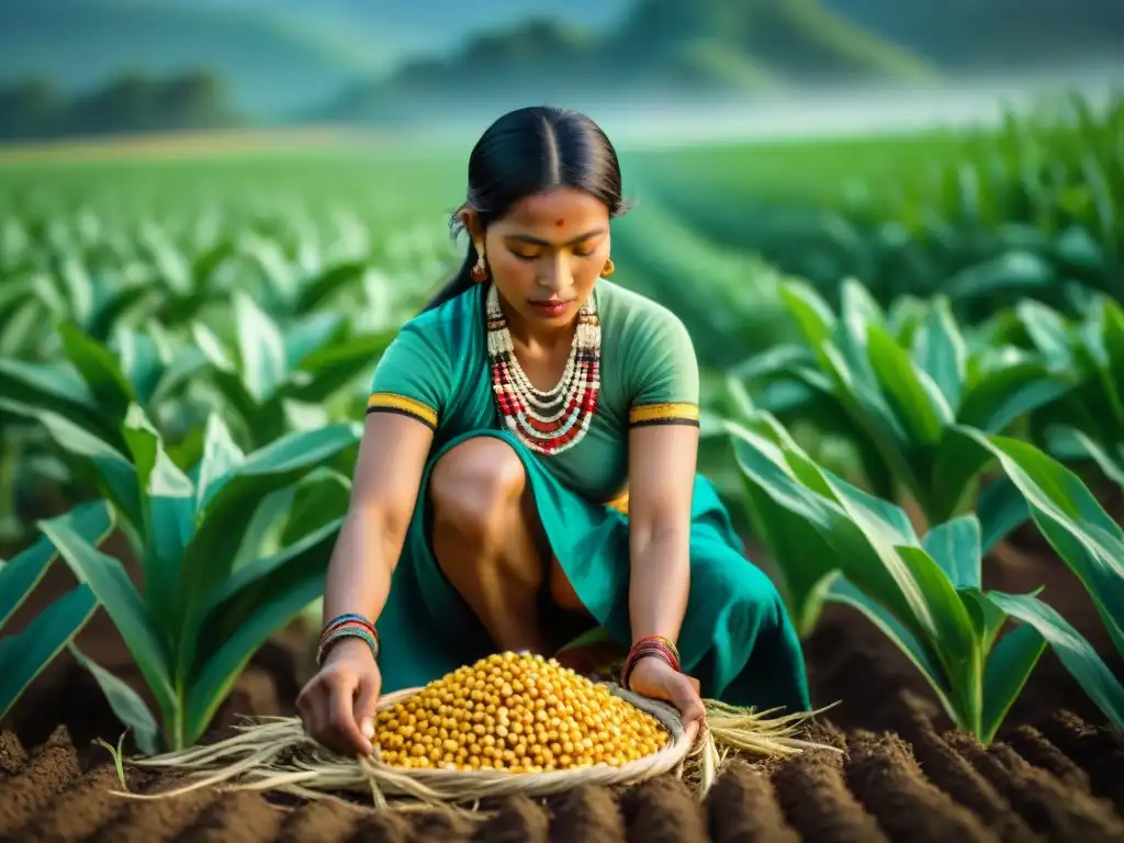 Mujer Maya sembrando en maizal: tradición y dedicación Una maya planta semillas en un campo de maíz, destacando su rol en la agricultura maya