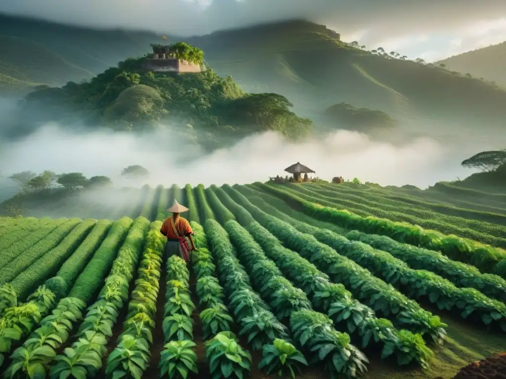 Un maya cosechando plantas medicinales en un campo exuberante