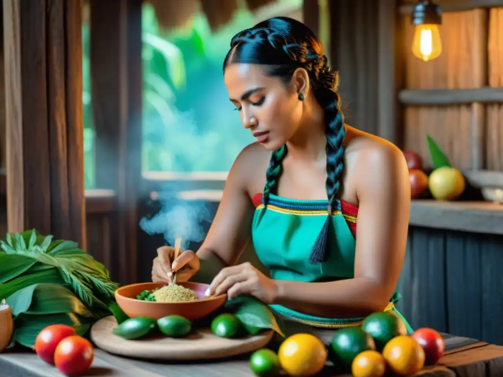 Una maya en Tulum preparando platillo con ingredientes coloridos en mesa rústica, historia maya tulum turismo cultural