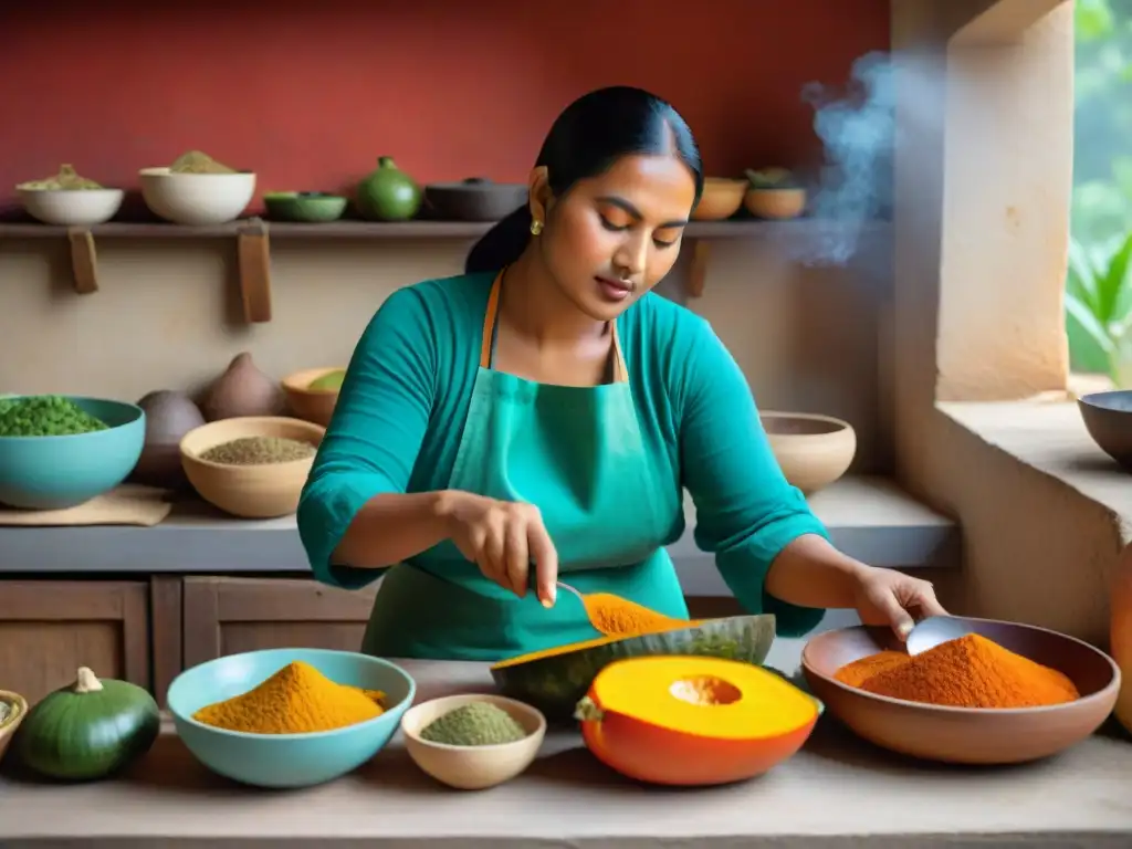 Una maya preparando platos con calabaza en cocina tradicional, resaltando la rica herencia culinaria