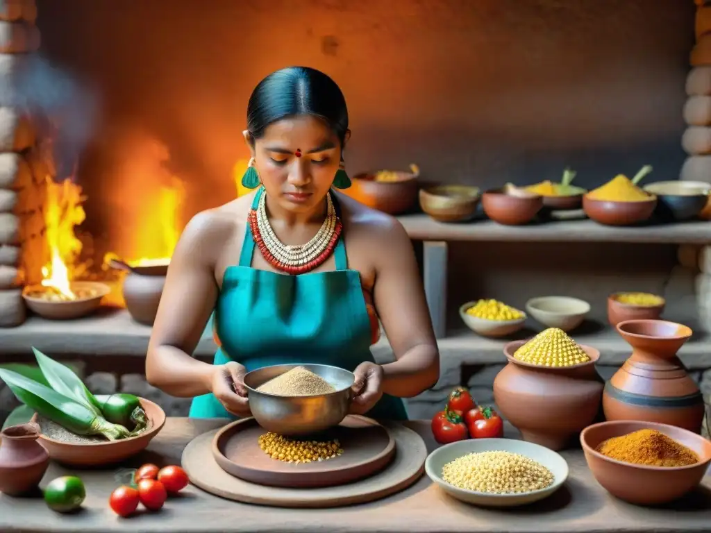 Una maya preparando una receta ancestral en una cocina rústica con ingredientes tradicionales