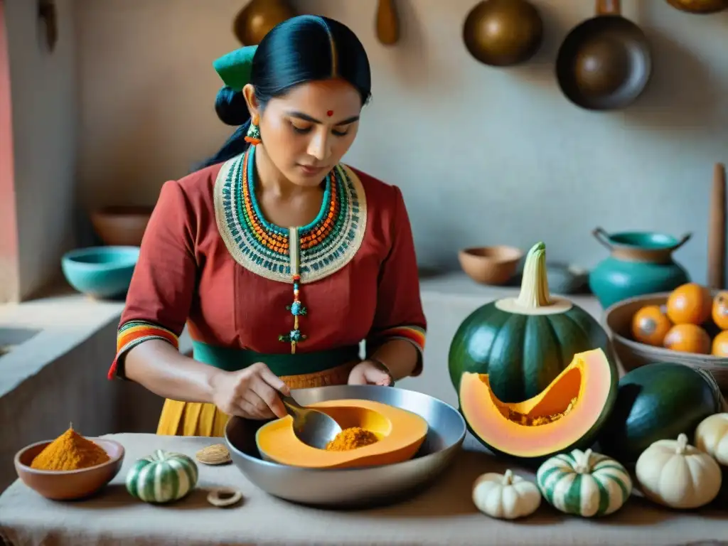 Una maya preparando una receta con calabaza en cocina tradicional