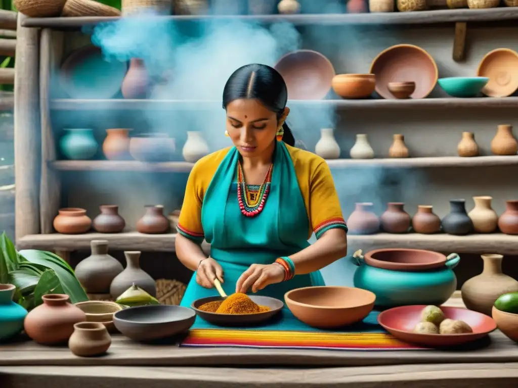 Una maya prepara recetas tradicionales cocina maya en una cocina ancestral, rodeada de utensilios y textiles coloridos