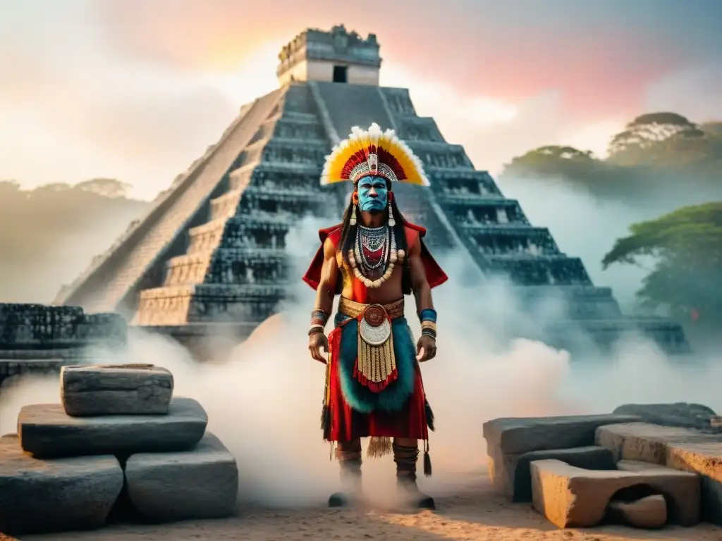 Shamán maya en ritual al amanecer entre ruinas antiguas y neblina mística