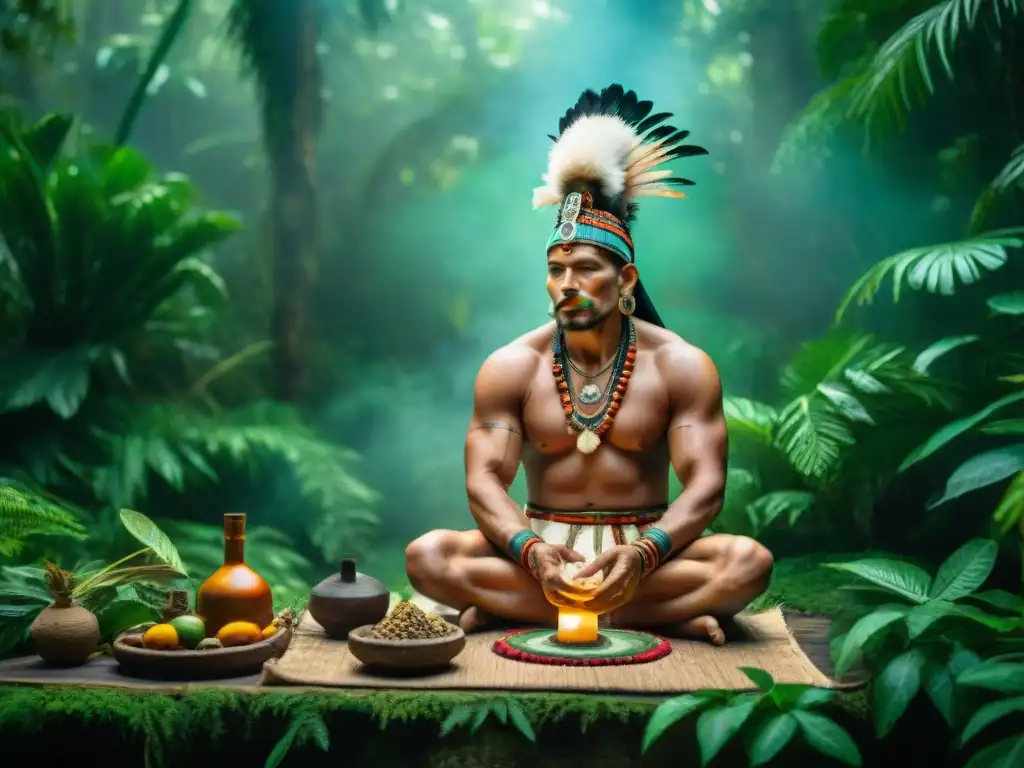 Shamán maya realiza ritual ancestral para preparar balché en la selva exuberante