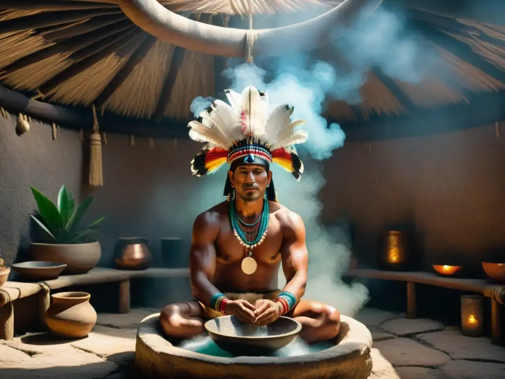 Un shaman maya realiza un ritual de baño de vapor en un temazcal, rodeado de hierbas aromáticas y vapor, creando una atmósfera mística