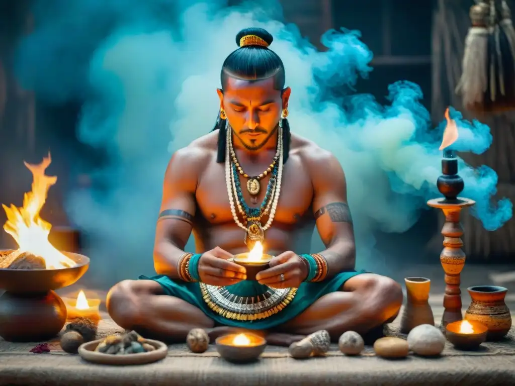 Ritual de adivinación maya: chamán en trance Shamán maya en ritual de adivinación con copal y símbolos, concentrado en conexión espiritual