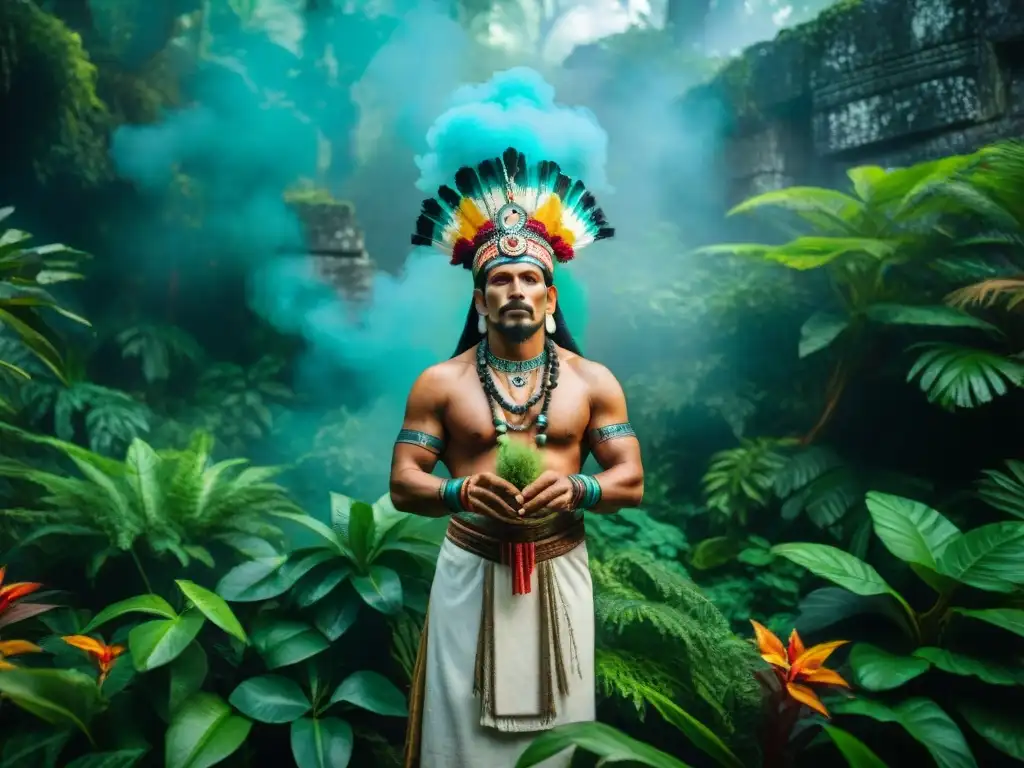 Shamán maya en ritual espiritual en la selva: prácticas ecológicas mayas en acción