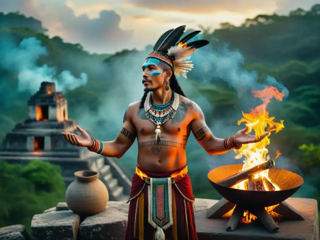 El chamán Maya realiza un ritual de fuego sagrado al anochecer, rodeado de ruinas antiguas y selva densa