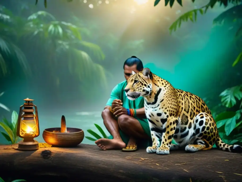 Shamán maya realiza ritual con jaguar en la jungla: significado animales sagrados cultura maya