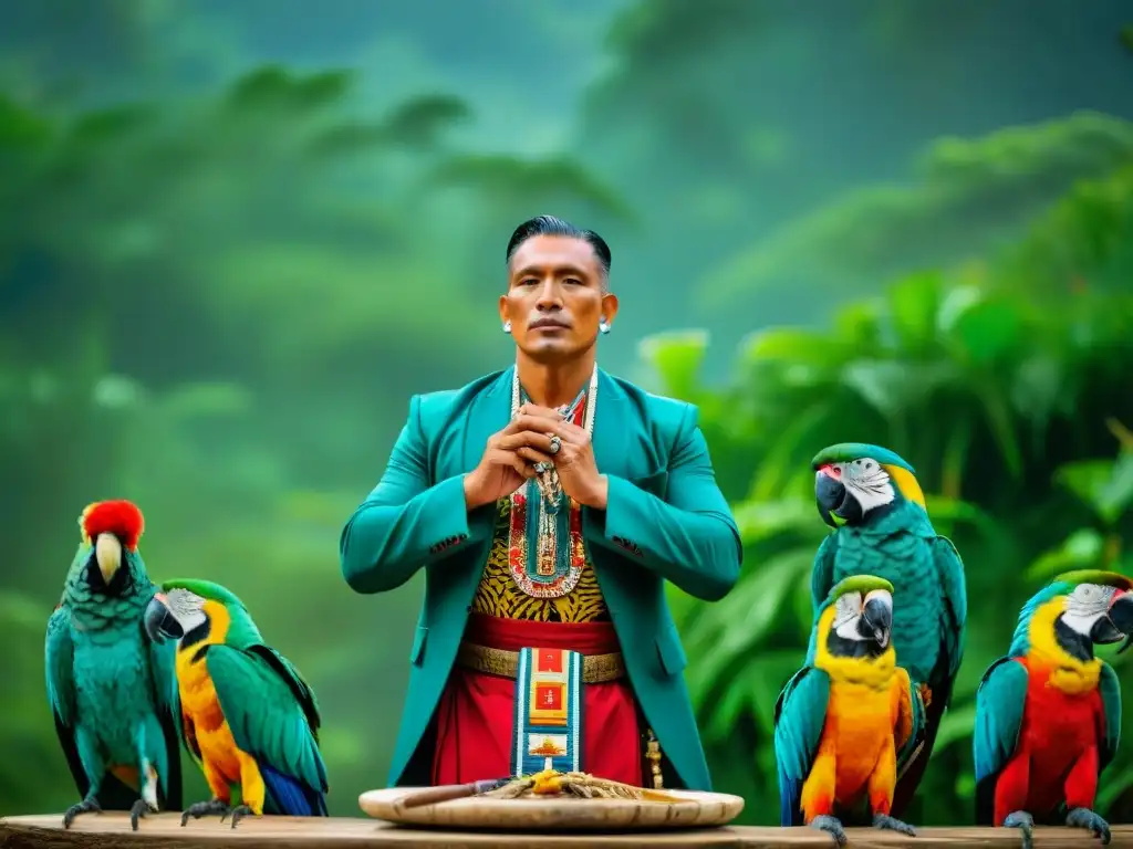 Maya realizando un ritual de sacrificio rodeado de animales en la exuberante selva maya