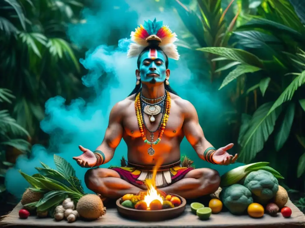 Shamán maya en ritual sagrado con colores vibrantes de hierbas y frutas, en la selva