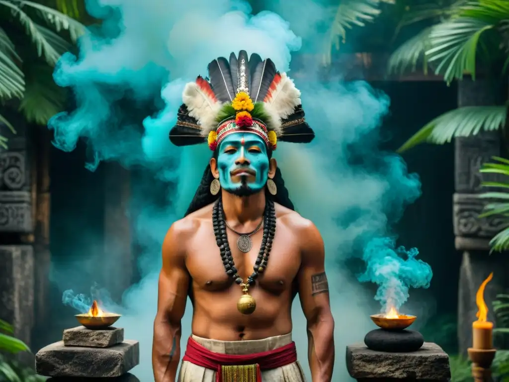 Shamán maya en ritual de tabaco, rodeado de humo de copal y símbolos mayas, en la selva exuberante