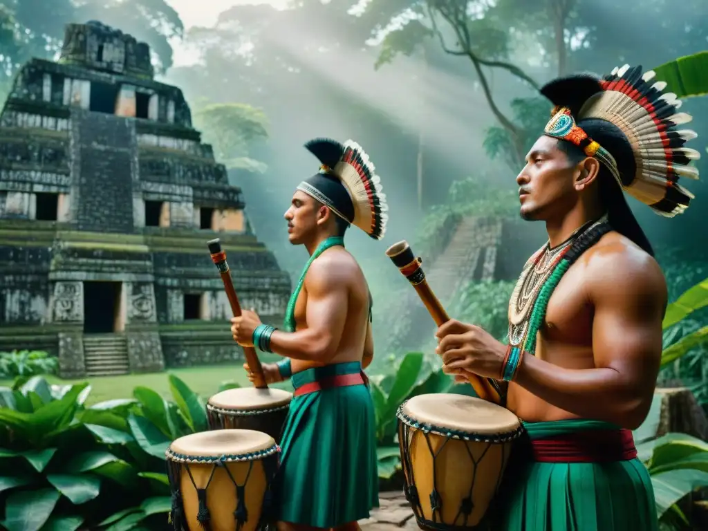 Música maya en rituales: Grupo de músicos mayas tocando instrumentos antiguos en la selva entre ruinas y luz filtrada