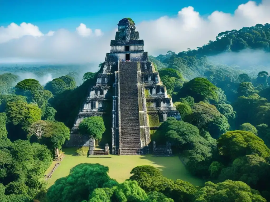 Expedición cultura maya Tikal: ruinas ancestrales entre exuberante vegetación y cielo azul