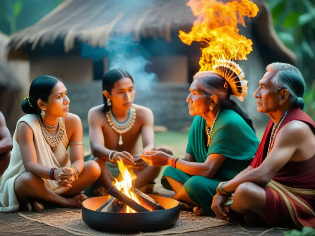 Maya elders comparten sabiduría ancestral con jóvenes alrededor del fuego, enriqueciendo Métodos educación ancestral Maya