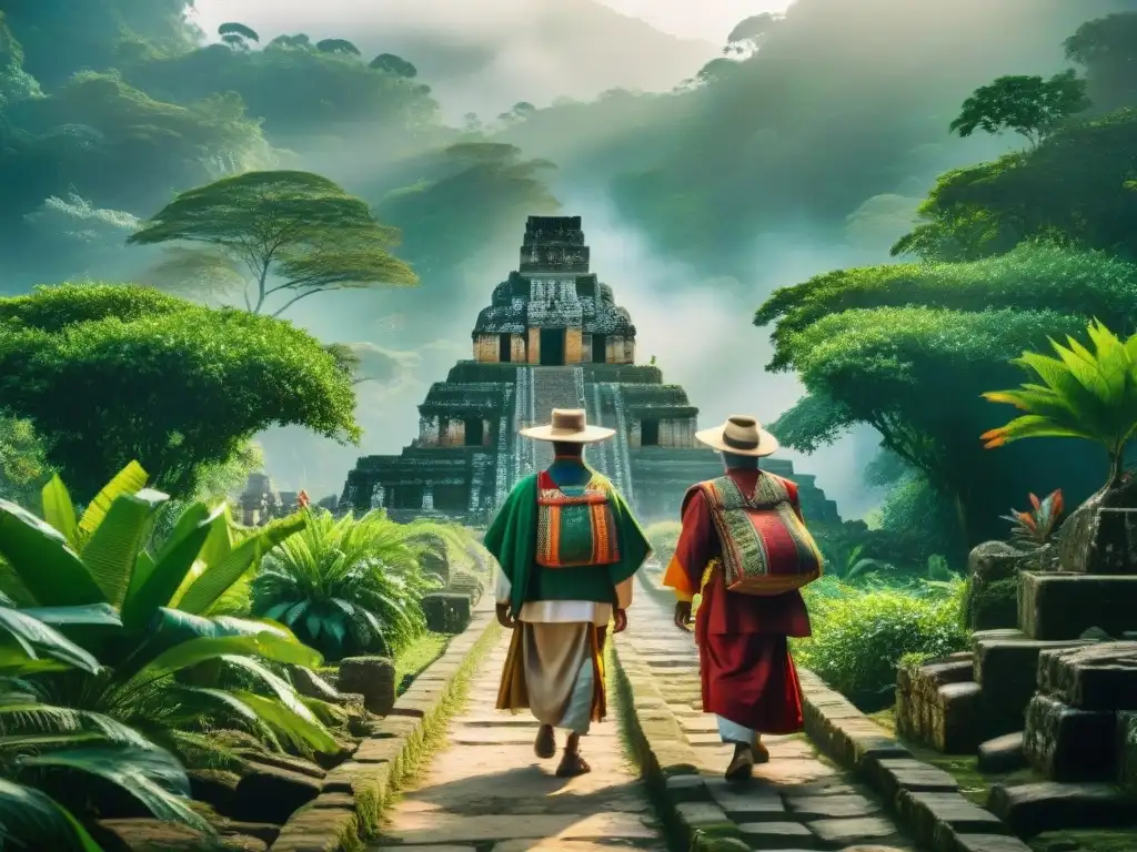 Peregrinación maya en la selva: colores vibrantes y ruinas antiguas entre el verde