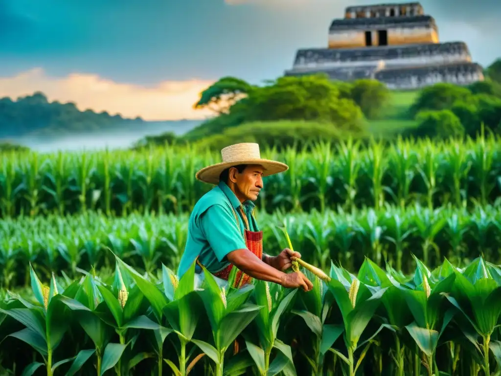 Un maya cosechando maíz en la selva, reflejando la importancia cultural del maíz maya