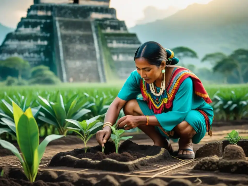 Un maya siembra con sabiduría bajo el sol y las estrellas en Tikal, transmitiendo las ancestrales enseñanzas mayas de cultivo y estaciones