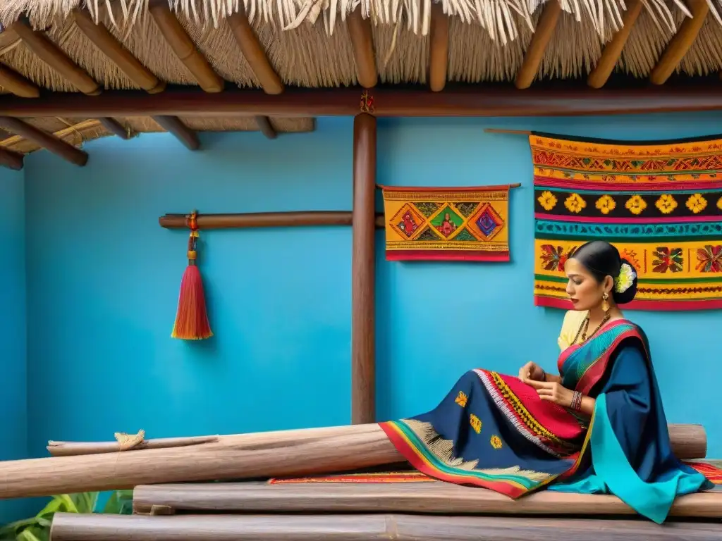 Diseño vivienda maya con simbolismo ancestral y mujer tejiendo en entorno tropical vibrante