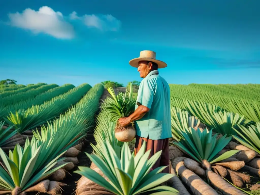 Un maya cosechando yuca bajo el sol de Yucatán, conectando con la cultura maya y la alimentación con yuca