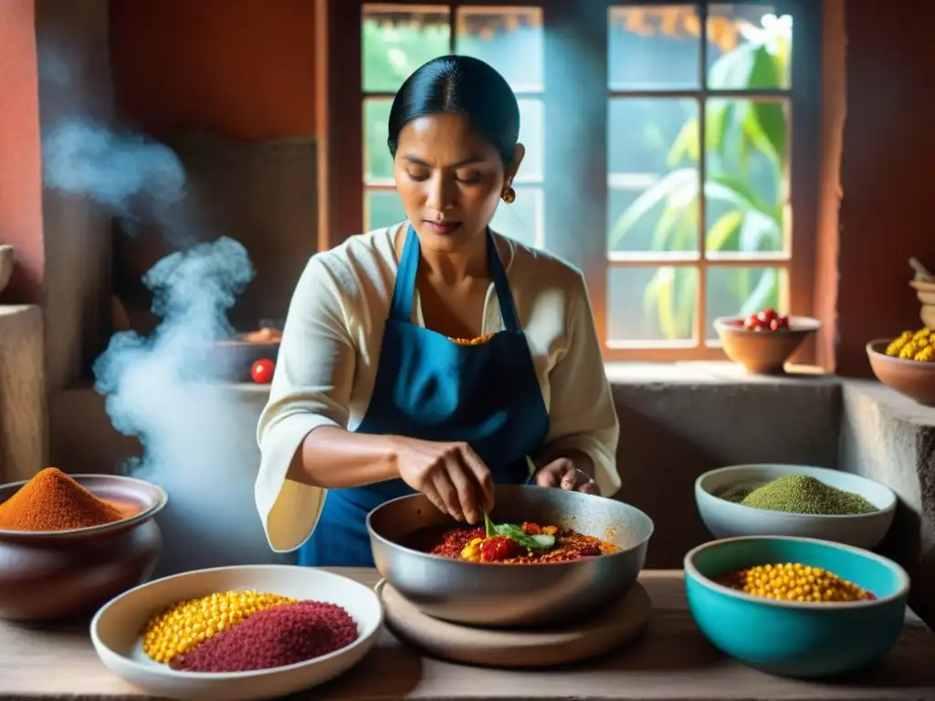 Una maya preparando sopa de lima con ingredientes tradicionales en una cocina rústica