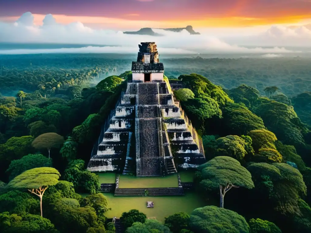 Visión universo maya sostenibilidad: Templos majestuosos de Tikal entre la selva al atardecer, reflejando armonía cósmica