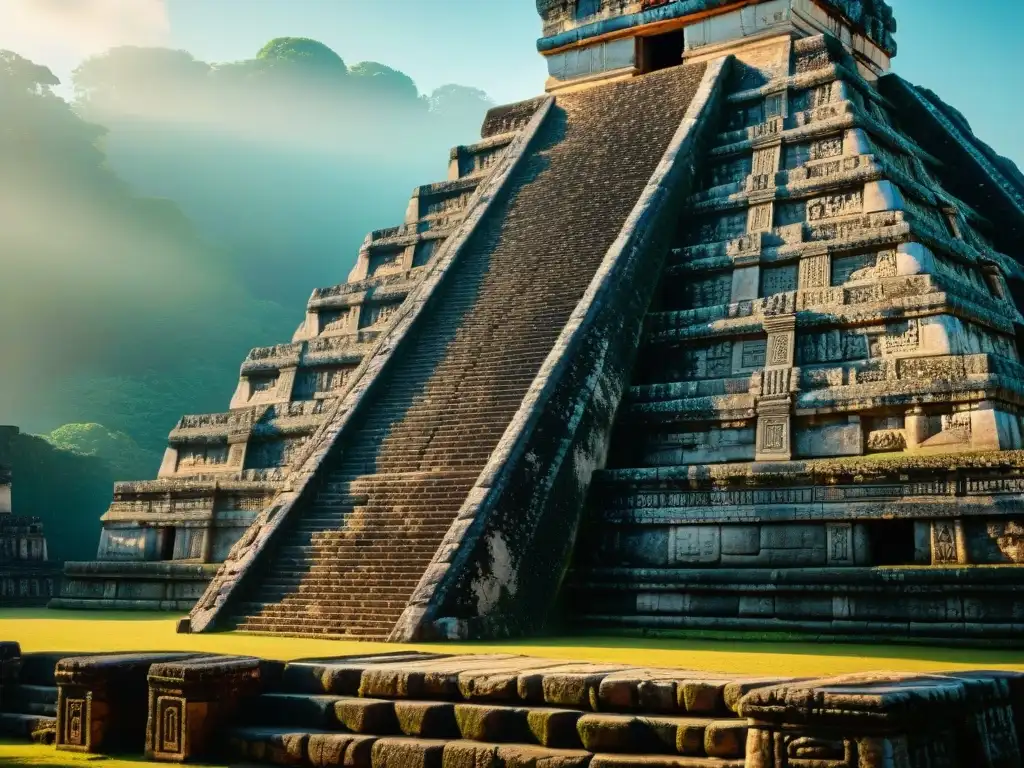 Ingeniería maya: templo con intrincadas esculturas de piedra resaltadas por la luz solar