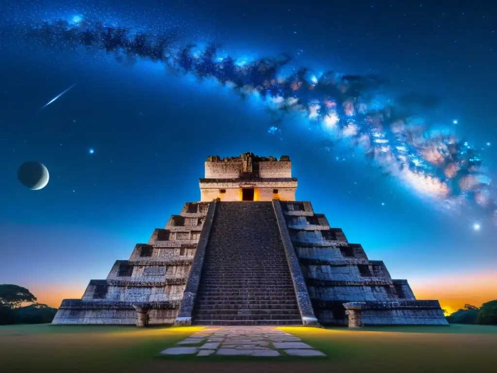 Interpretación astrológica de la civilización maya: templo maya bajo el cielo estrellado, reflejando su profundo conocimiento astronómico