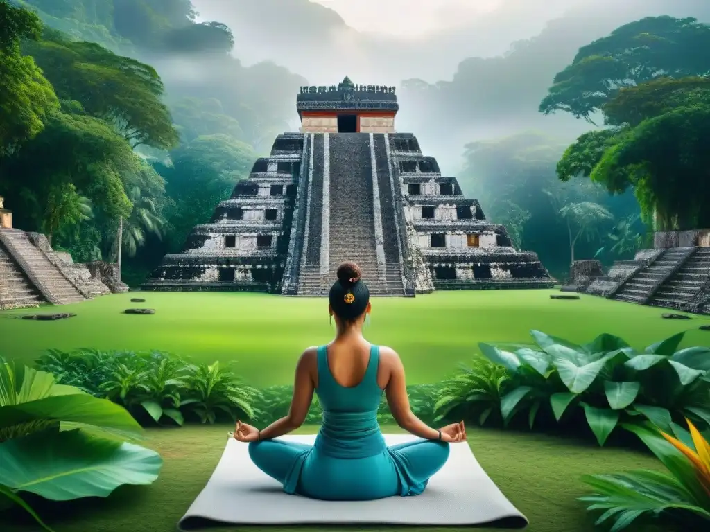 Práctica de yoga y meditación en Maya: templo maya rodeado de selva y personas meditando en primer plano, fusionando tradición y contemporaneidad