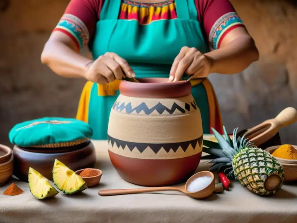 Una maya preparando Tepache rodeada de ingredientes