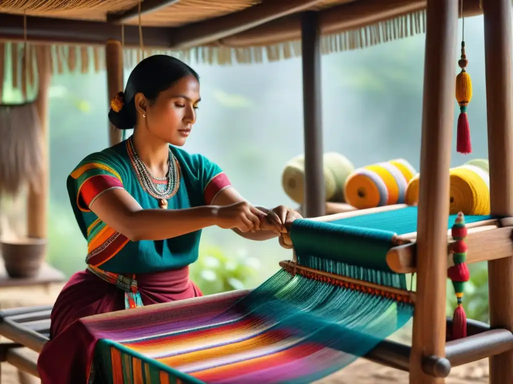 Una maya tejiendo textiles tradicionales en un telar de madera rodeada de hilos de colores y vistiendo un huipil elaborado