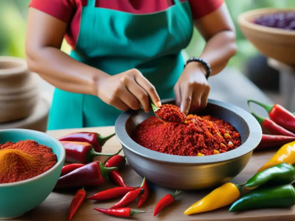 Una maya tradicional muele ingredientes para salsa picante maya tradicional en un molcajete, destacando sus manos expertas