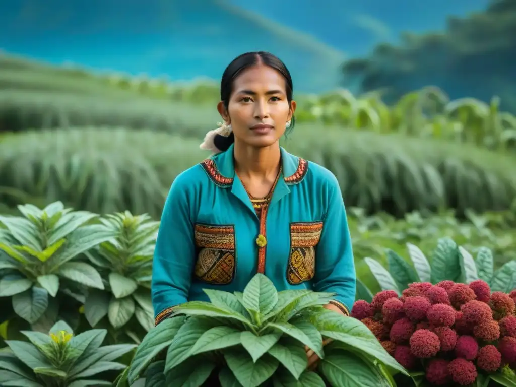 Un maya tradicional cultiva plantas medicinales con sabiduría ancestral en un campo exuberante