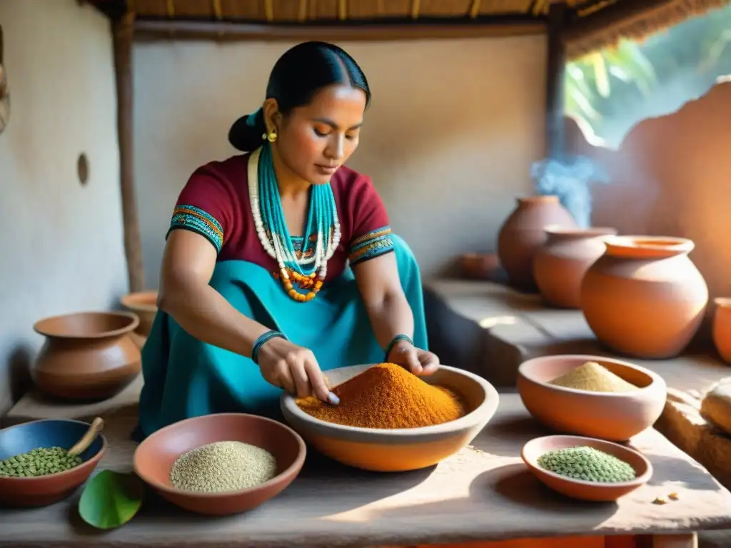 Una maya tradicional muele semillas de calabaza para preparar Atole de semillas de calabaza maya en una cocina rústica y colorida