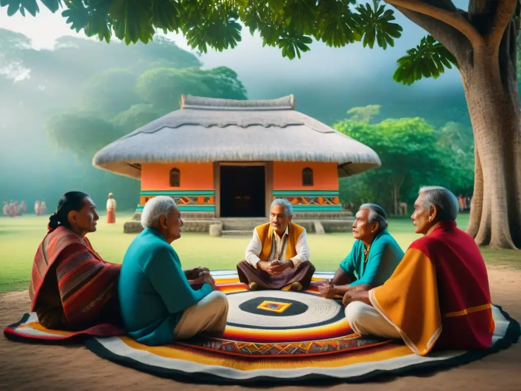 Conversación de sabiduría: ancianos mayas bajo un árbol Ceiba, vestidos con trajes tradicionales coloridos