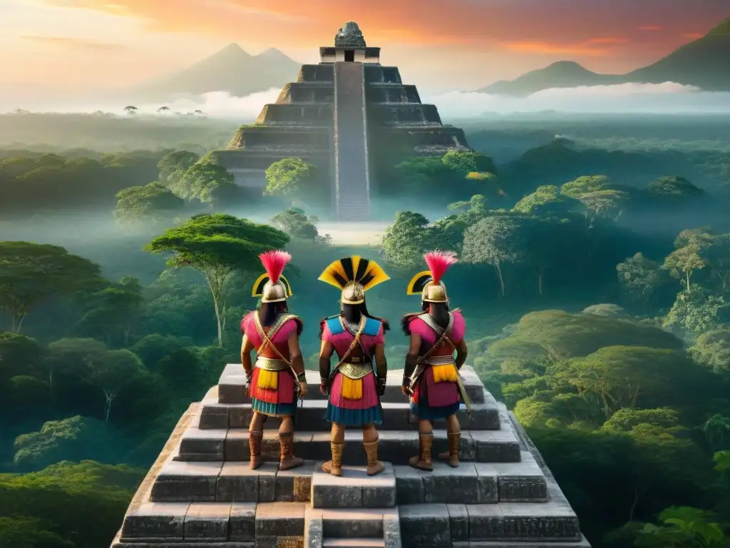 Mayas estrategias supervivencia asedios: Guerreros mayas en la cima de una pirámide, vigilando una exuberante jungla al atardecer