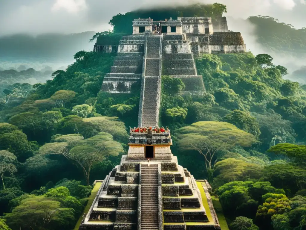 Mayas estrategias supervivencia asedios: Guerreros mayas vigilantes en la cima de la pirámide, rodeados de exuberante jungla