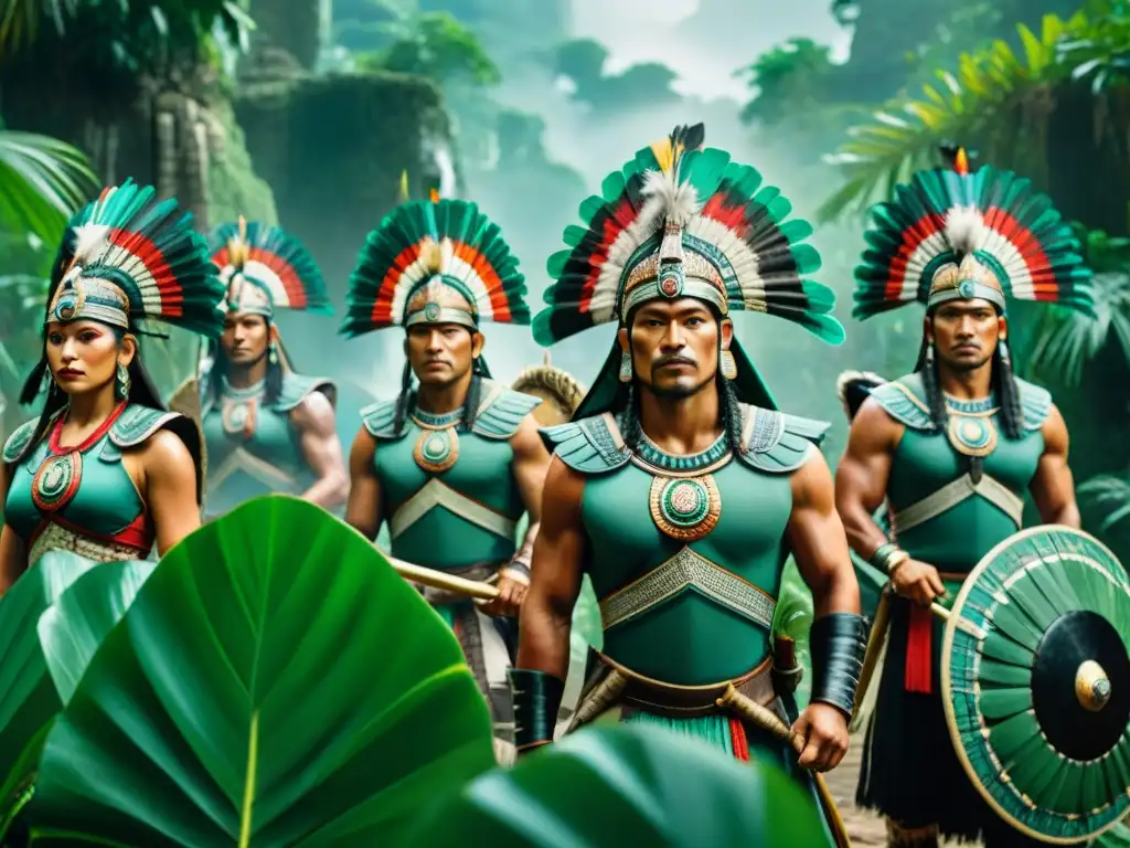 Mayas en guerra con headdresses de plumas y joyas de jade, en la jungla