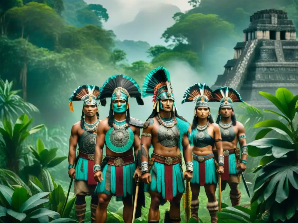 Mayas en la jungla con armas y escudos, preparándose para la batalla