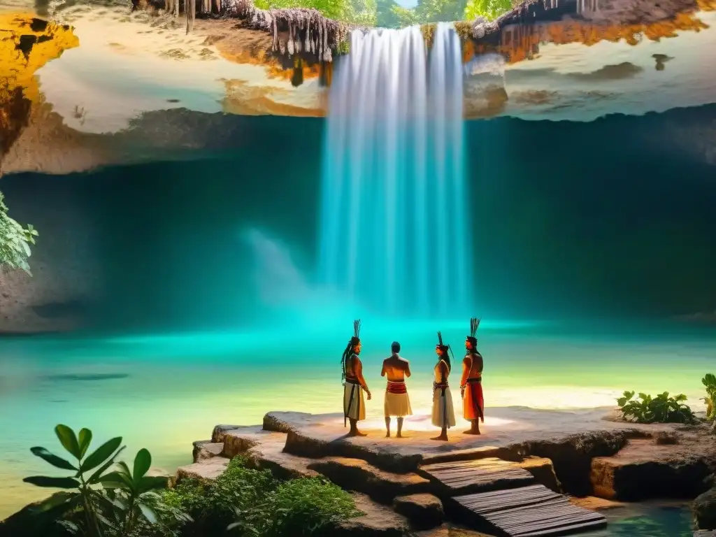 Shamans mayas realizando ritual en cenote impresionante, reflejando la civilización maya