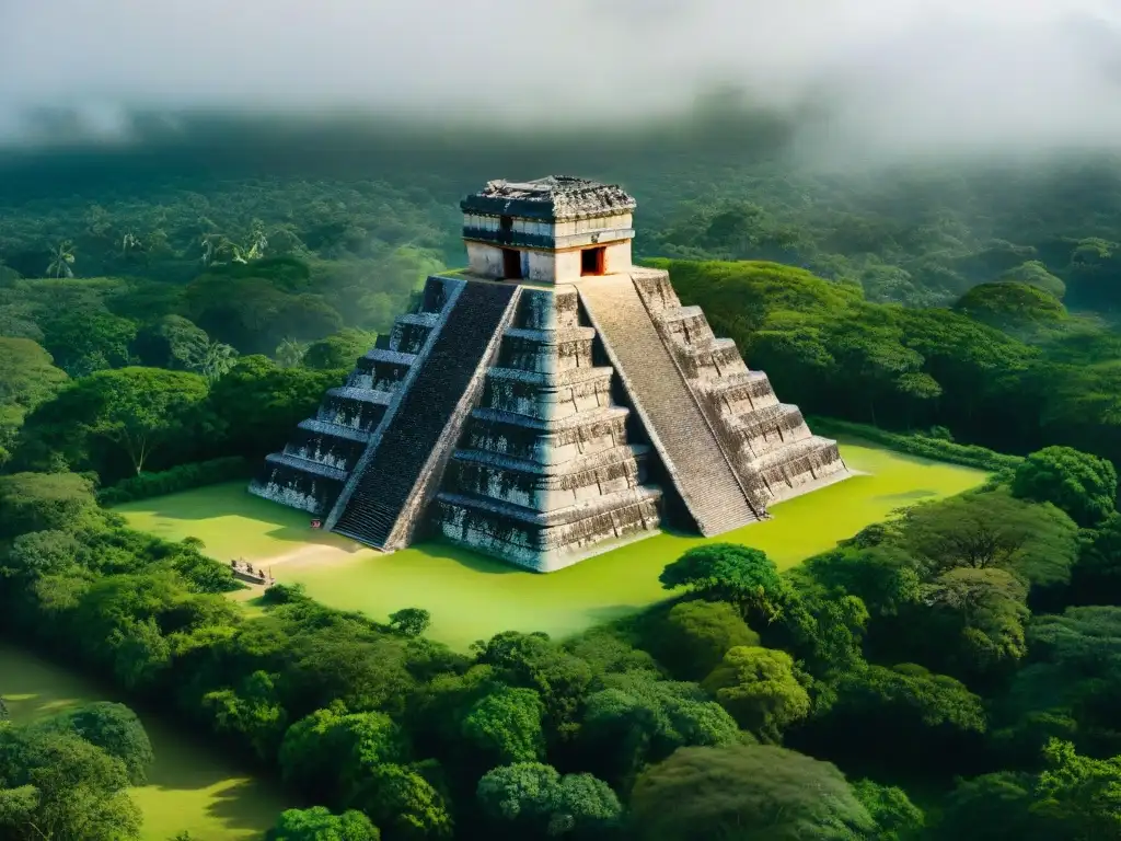 Pirámide Maya: Conservación con Tecnología Térmica Conservación pirámides mayas anomalías térmicas: pirámide maya rodeada de selva verde con imagen térmica resaltando áreas de interés
