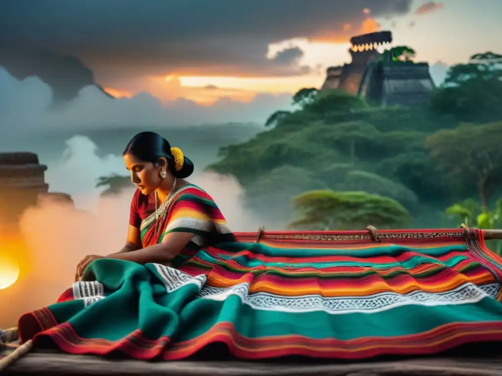 Mayas creando textiles al atardecer, herencia cultural y destreza artesanal, tradiciones mayas vida moderna