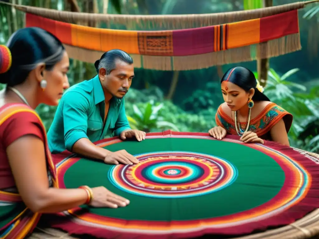 Mayas tejiendo textiles con Ética del trabajo en Maya en la selva, mostrando patrones coloridos y templo al fondo