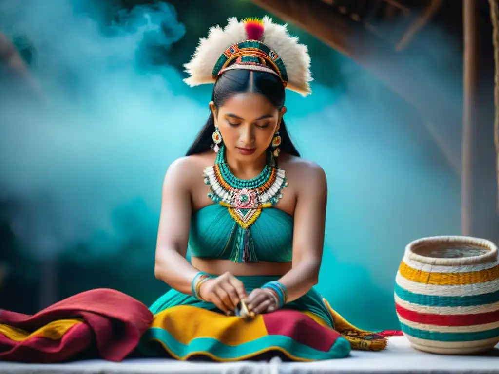 Mayas creando vestimentas ceremoniales con colores vibrantes y patrones tradicionales, reflejando su rica herencia cultural