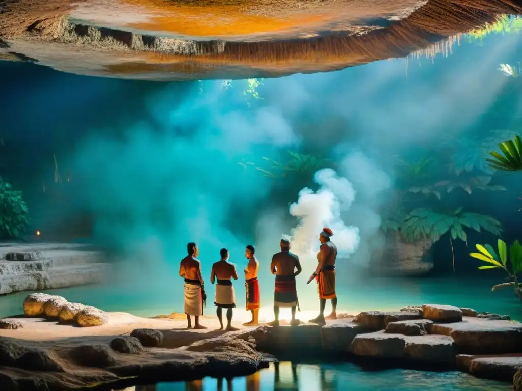 Mayores mayas realizan ceremonia de ofrenda en cenote al atardecer, evocando el significado de las ofrendas en cenotes mayas