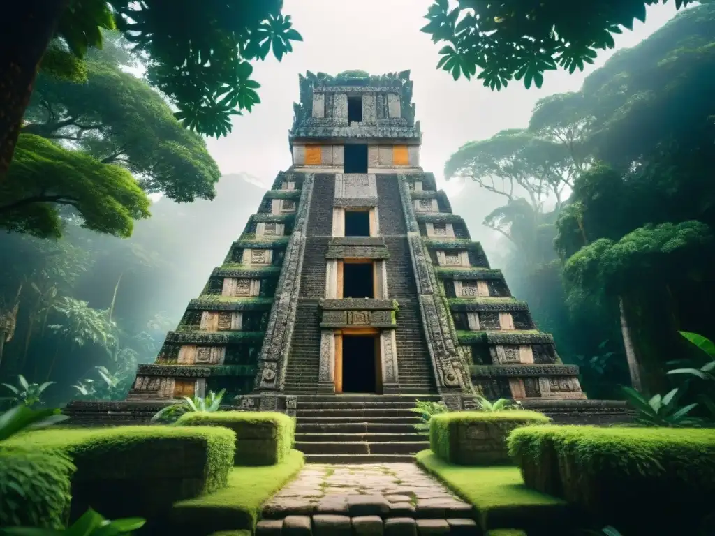 Explora los mejores tours arqueológicos Mundo Maya: templo maya detallado en la exuberante selva, con grabados de piedra y atmósfera mística