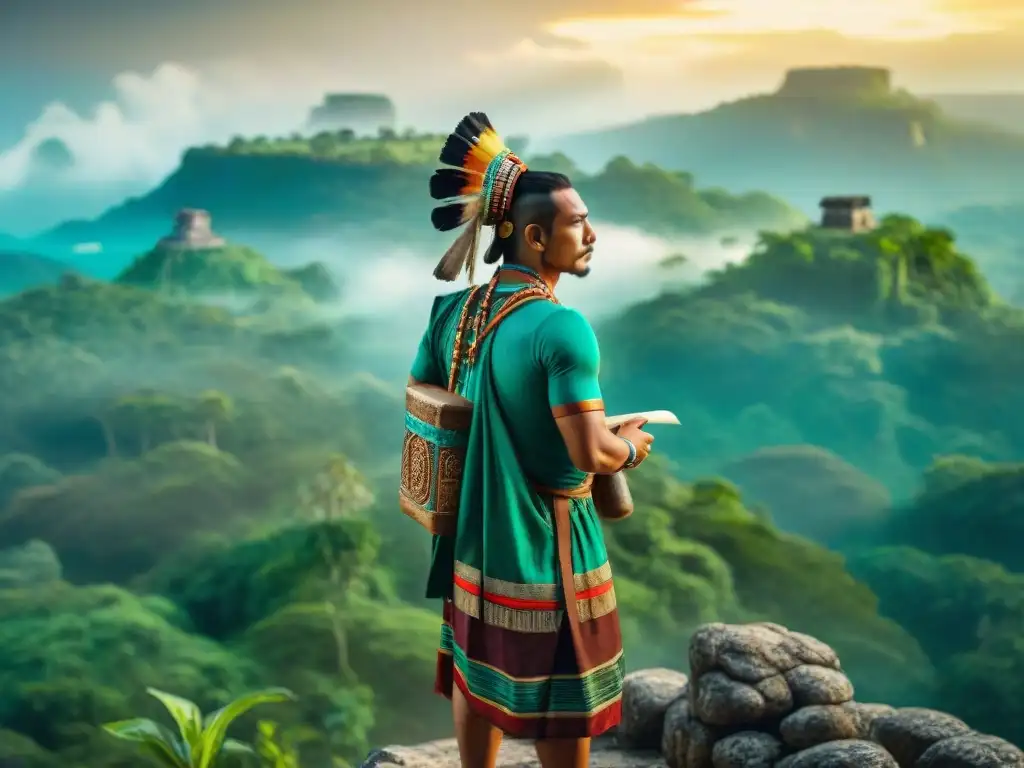 Un mensajero diplomático maya observa una ciudad distante entre la exuberante jungla